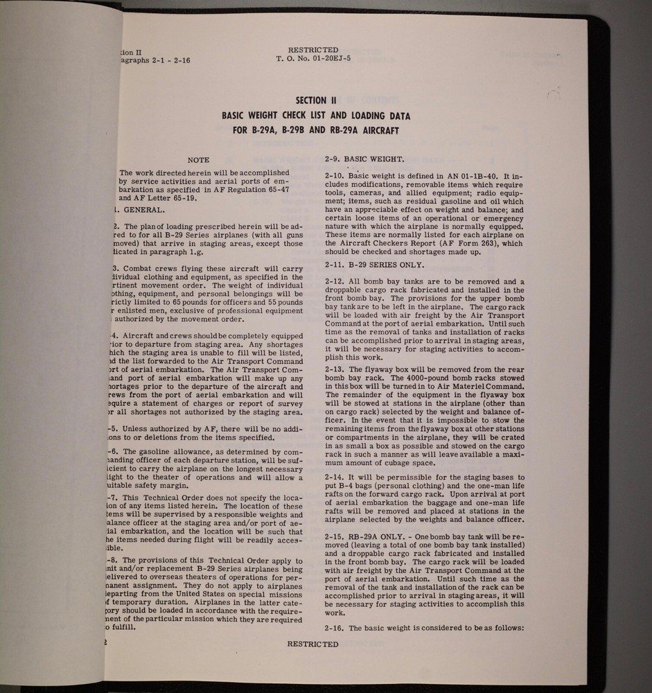 REPRINT Boeing B-29 Superfortress Basic Weight Check List & Loading Data 1949