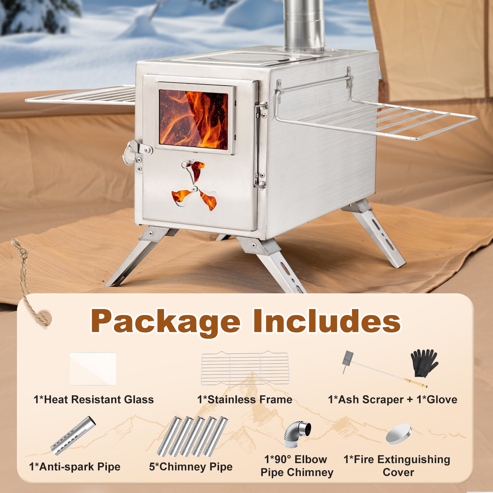 SLSY Portable Wood Stove Camping Hot Tent BBQ Stove 83 in with 7 Chimney Pipes