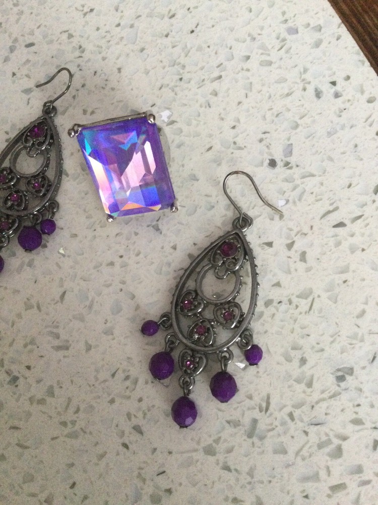 Set Of Earrings & Ring, Purple Colour,