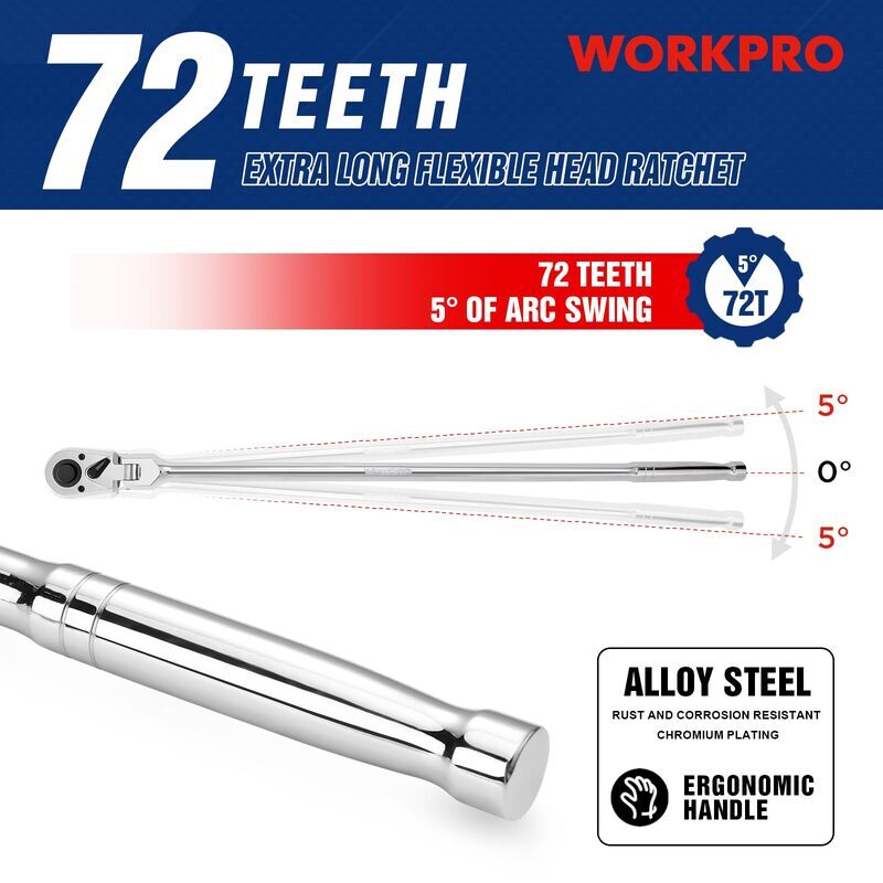 WORKPRO 1/2" Drive Extra Long Flex Head Ratchet 24" Ratchet Handle Quick Release