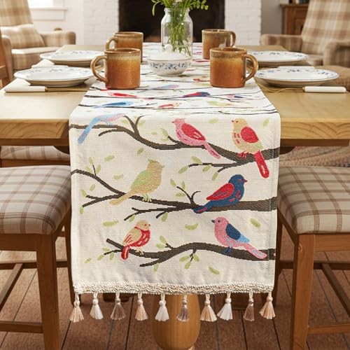 Bird Table Runner Embroidered Boho Spring Runners Table Decorations Macrame