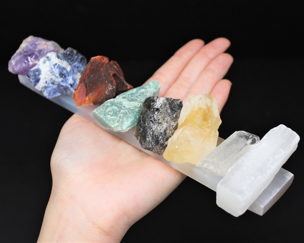 7 Rough Crystal Chakra Set + 6" Selenite Charging Plate + Directions (LARGE)