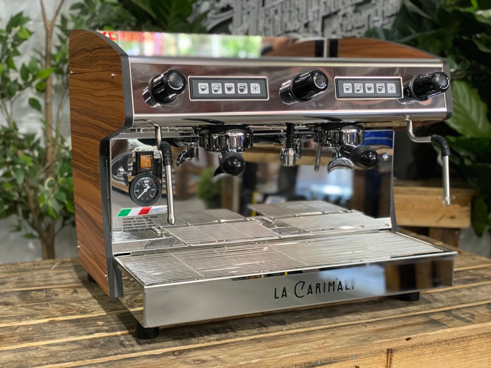 CARIMALI PRATICA E2 2 GROUP NEW STAINLESS & TIMBER SIDES ESPRESSO COFFEE MACHINE