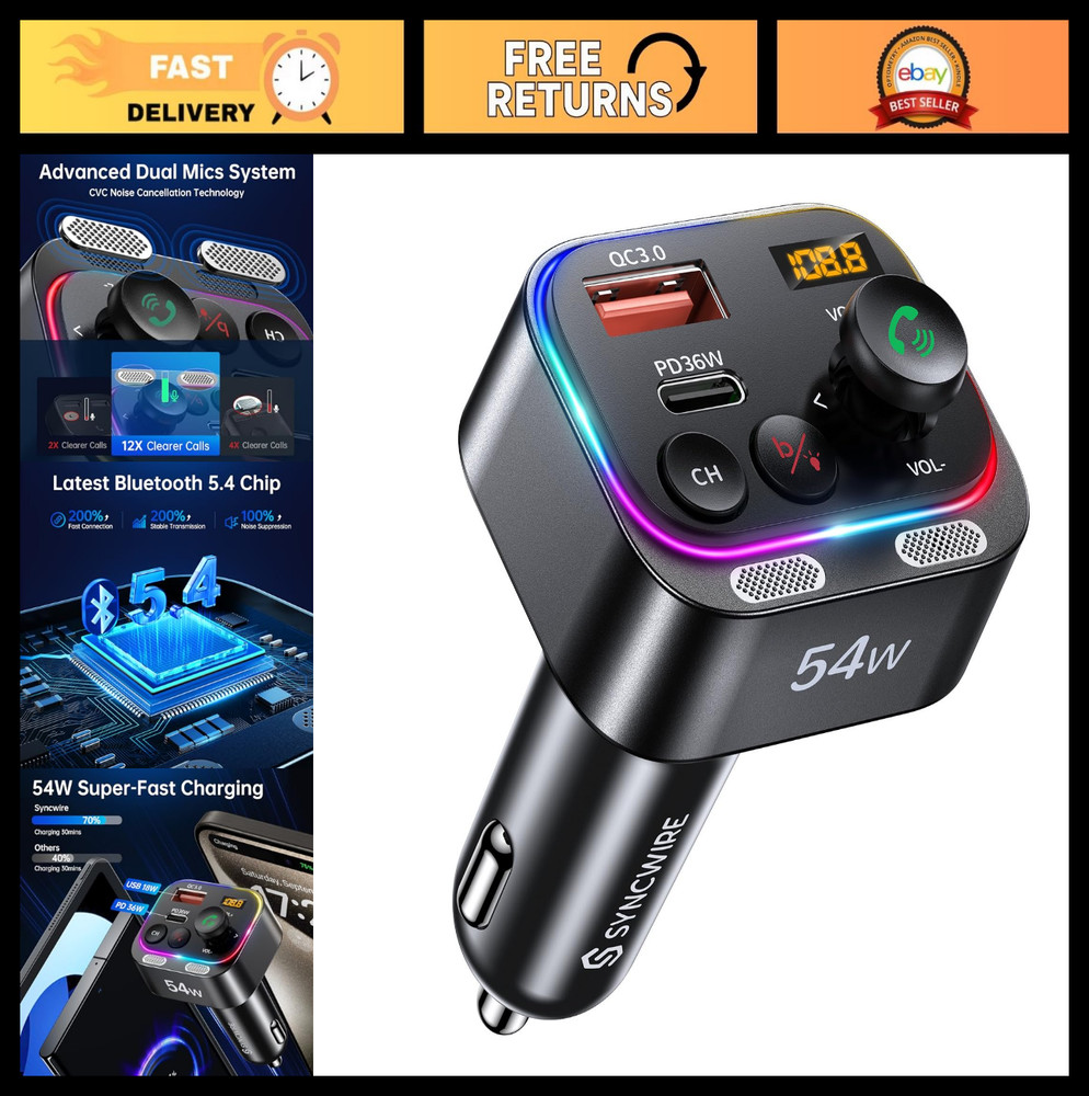 Bluetooth 5.4 FM Transmitter Car Adapter 54W PD 36W Fast Charging Dual Mics HiFi