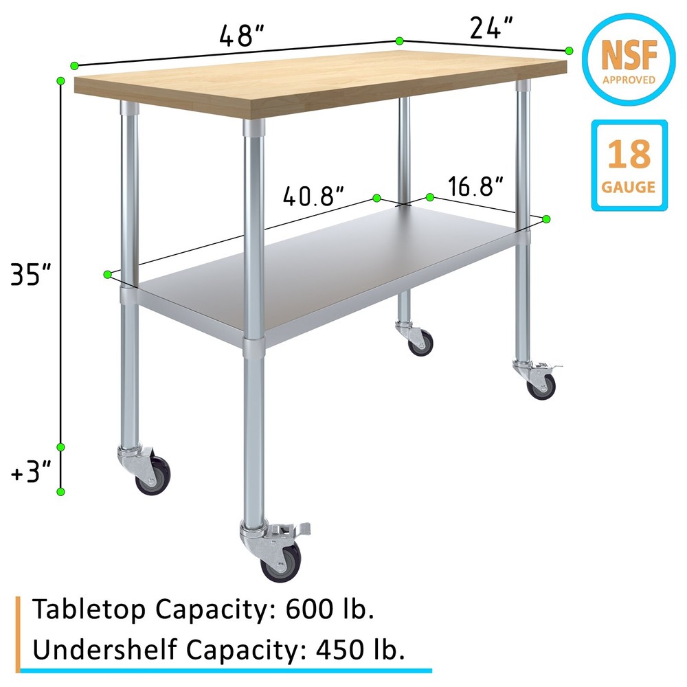 Heavy Duty Rolling Maple Wood Top Work Table with Wheels