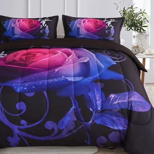 Gradient Rose Comforter Set King Reversible Pink & Blue Rose Pattern Printed