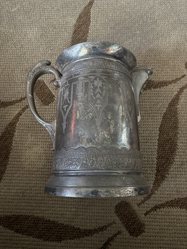Victorian Silverplate Pitcher Ornate Floral Ceramic Lined Hinged Lid