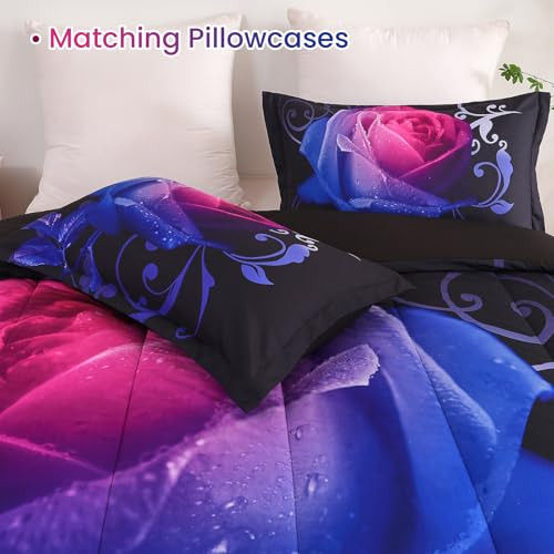 Gradient Rose Comforter Set King Reversible Pink & Blue Rose Pattern Printed