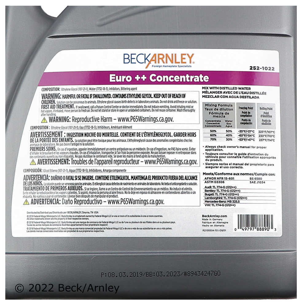 Engine Coolant / Antifreeze Beck/Arnley 252-1022
