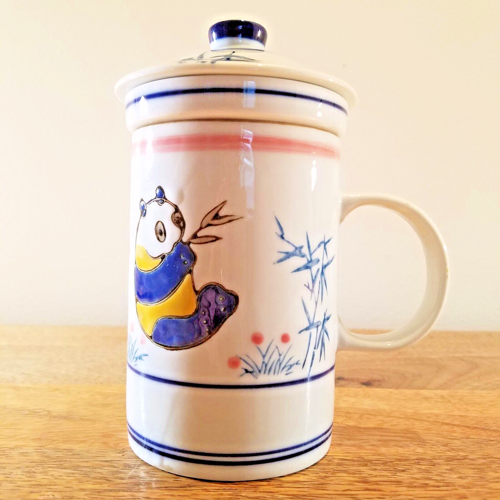Blue Moon Panda Bear Lidded Tea Infuser Mug Cup Lid Ceramic Teacup Pot Maker