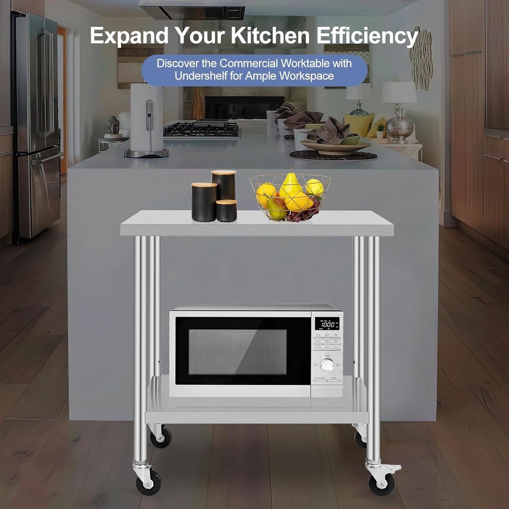 36"x24" Stainless Steel Food Prep Table Work Table Adjustable Undershel w/Caster