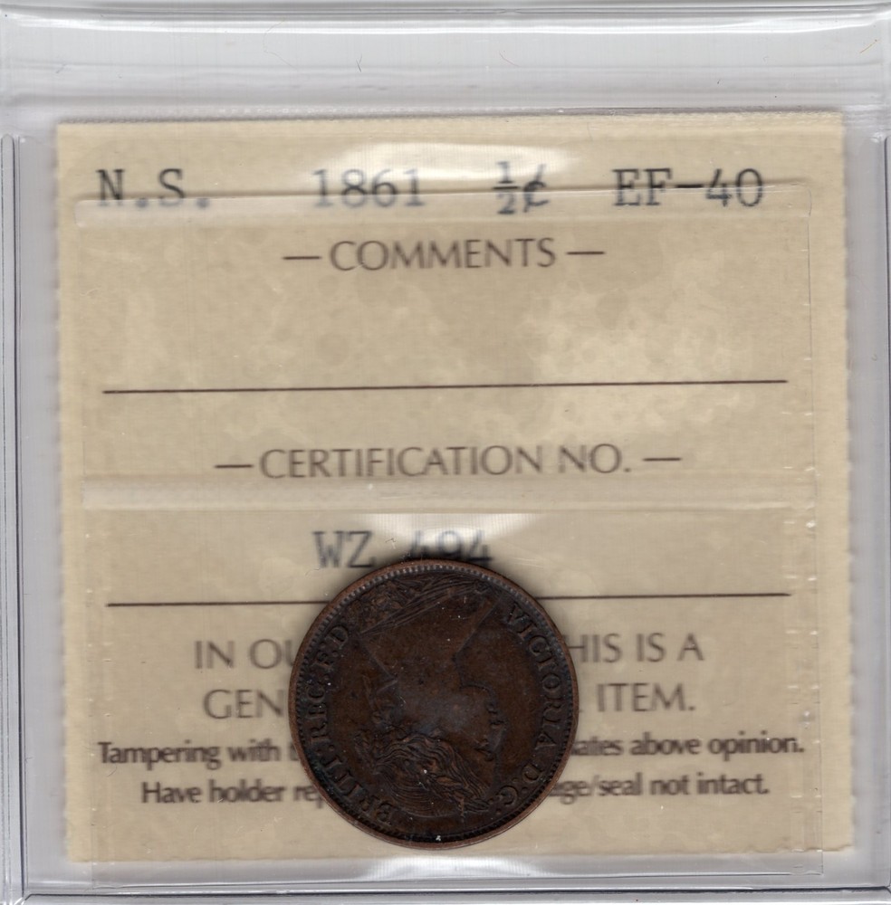 1861 Nova Scotia 1/2 Cent Coin - ICCS EF-40
