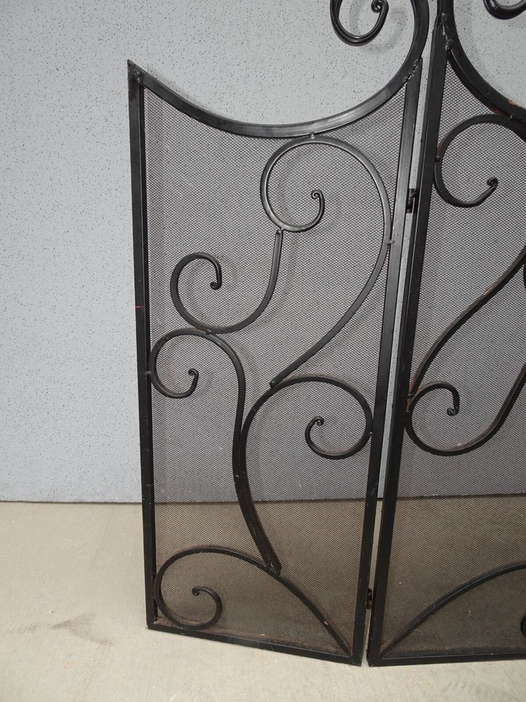 Vintage Tri-Fold Three Panel Black Metal Fireplace Screen