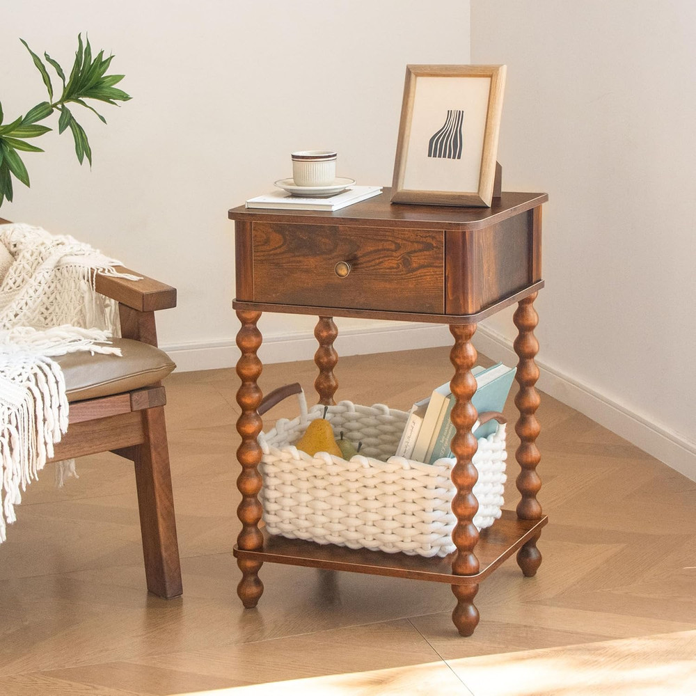 Mid Century Modern Nightstand with Drawer & Spindle Legs, Rustic Brown