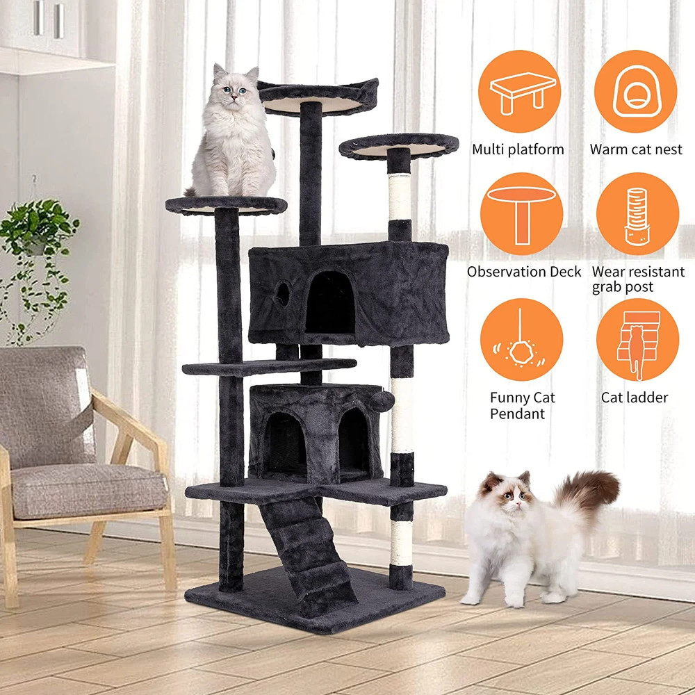 54in Cat Tree Tower with Scratching Posts • Dark Gray • Multi-Level Cat Condo •