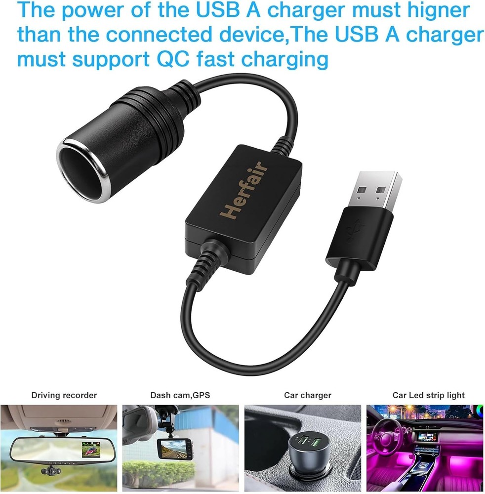 Durable USB A to 12V Lighter Socket Adapter - Fast Charging for Car Electronics