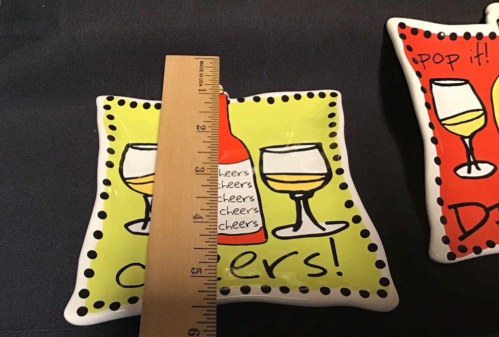CHEERS Drink It MUDPIE Square Handcrafted Ceramic Wine Tidbits Plates Red Yellow