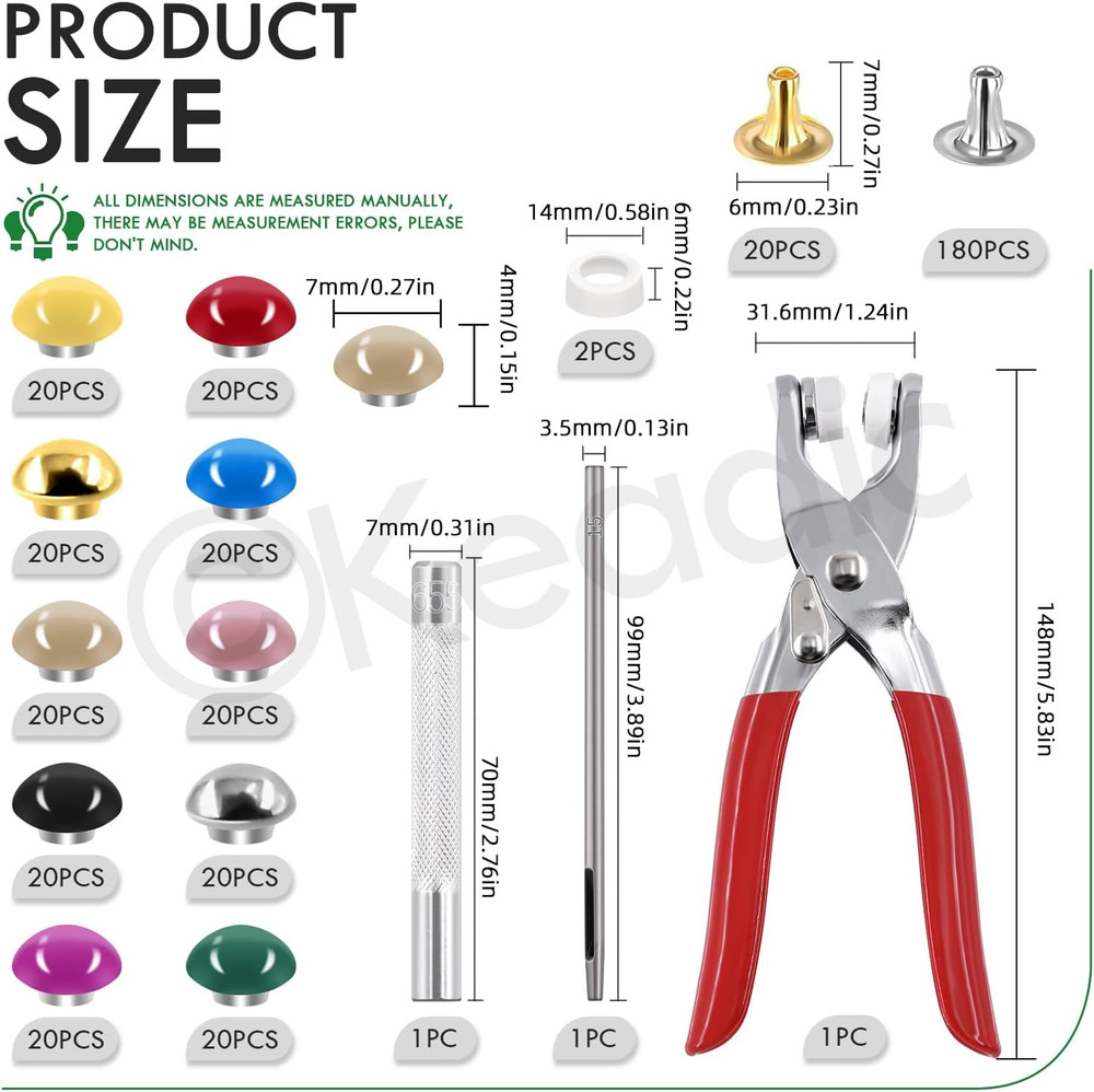 404Pcs 7mm Leather Rivets Assortment Set with Setting Tools, 10 Colors Double...