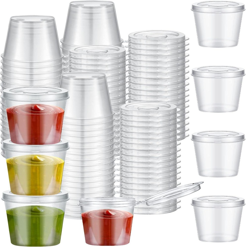 Lounsweer 60 Pack Plastic Condiment Souffle Containers with Attached Clear