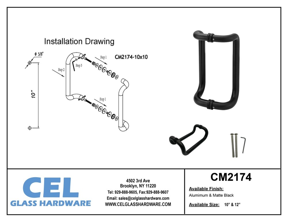 CEL 10" Solid Aluminum Straight Back to Back Pull Handles for Entry Door