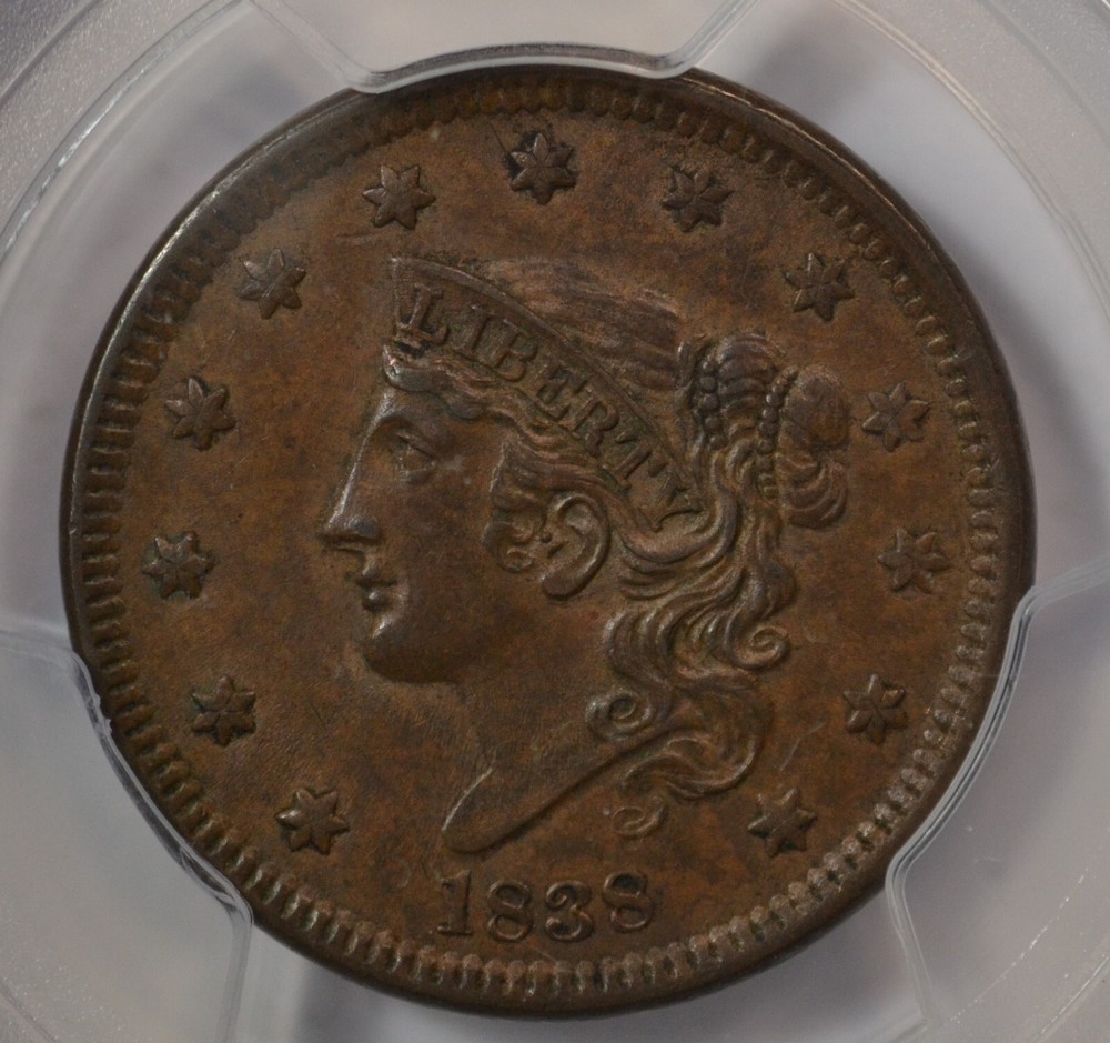 1838 Coronet Head large cent, PCGS MS62 BN