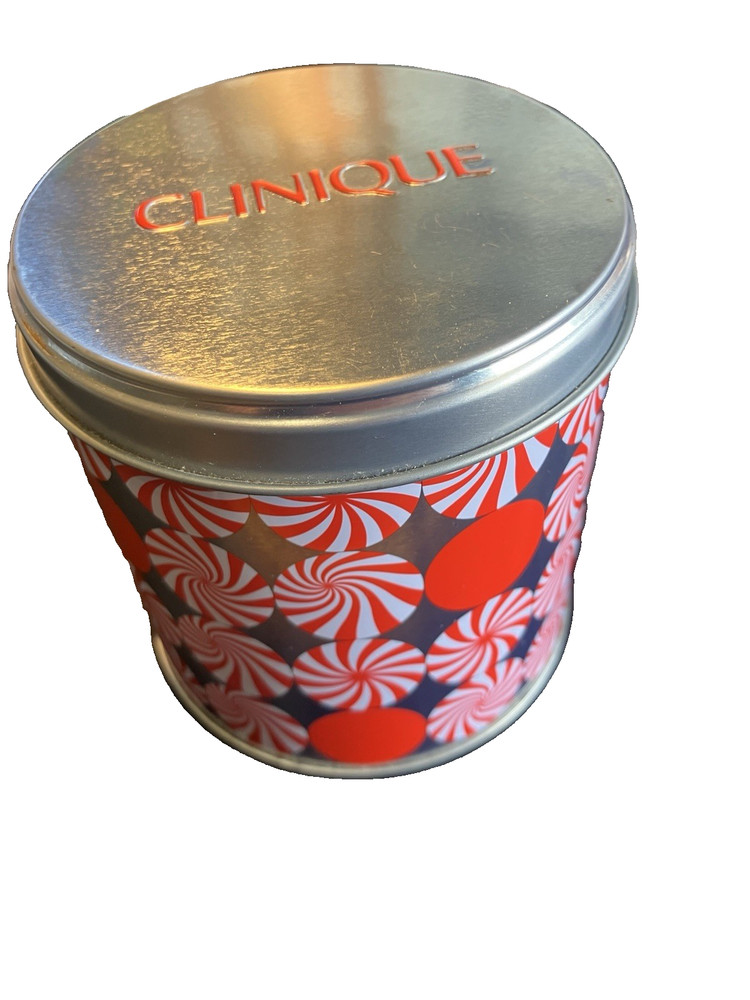 CLINIQUE Empty Tin Can Container w/ Red + White Peppermint Candy Design Storage