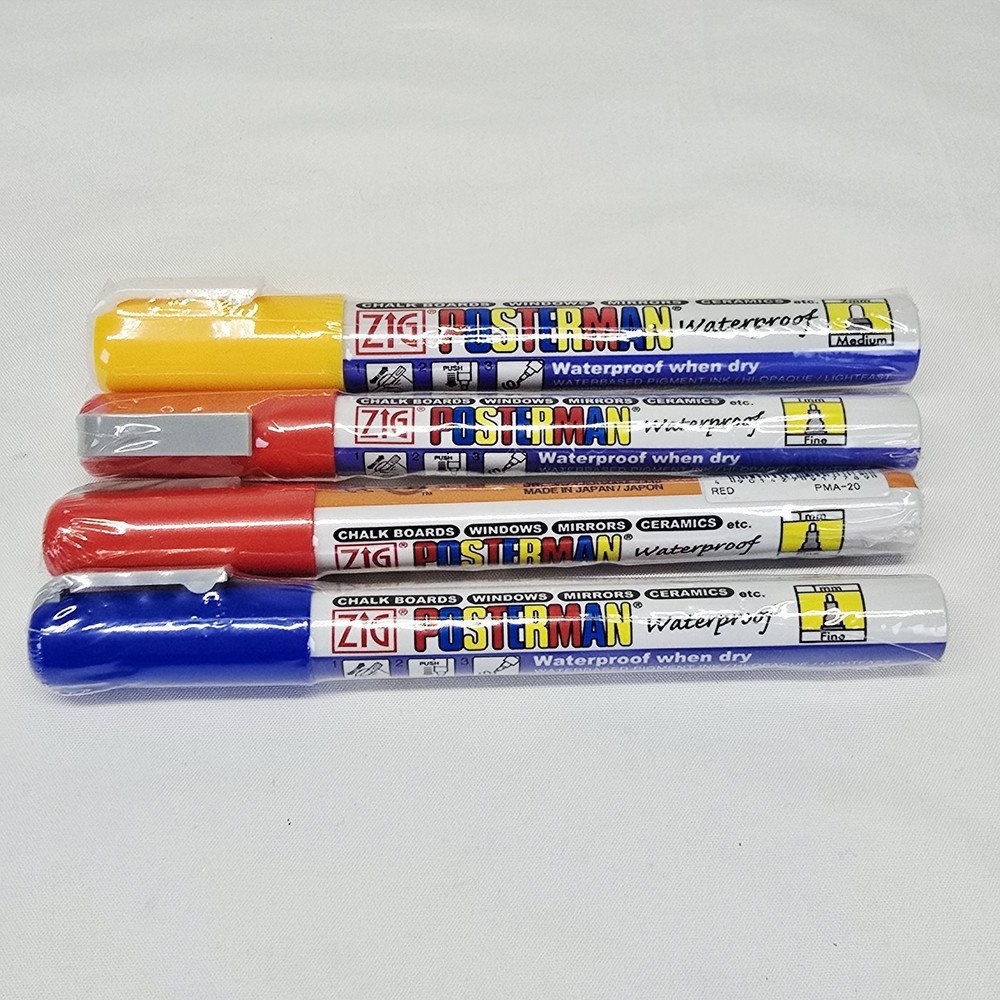 4 ZIG Posterman Waterproof Pens - 1-2mm tip chalkboards / mirrors/ ceramic