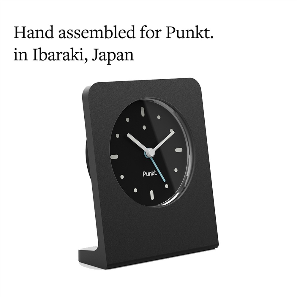 Punkt. AC02 Analog Table Clock, pale blue Alarm indicator, Anodized Black
