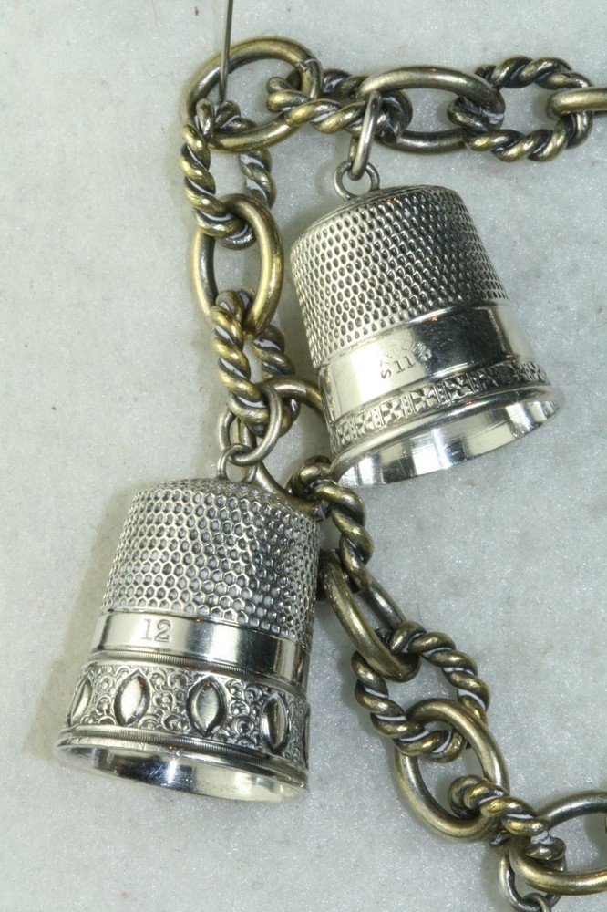 VICTORIAN ANTIQUE STERLING SILVER THIMBLE CHARM BRACELET