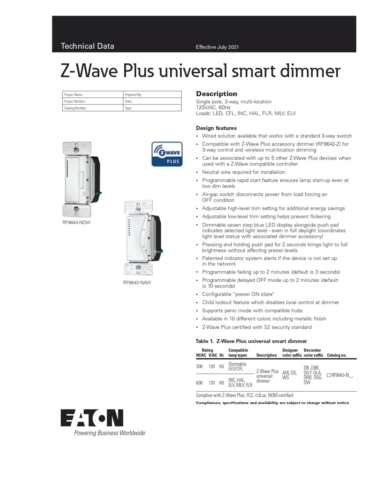 Eaton RF9643-NDW Z-Wave Plus Universal Smart Dimmer 3-Way Multi-Location White
