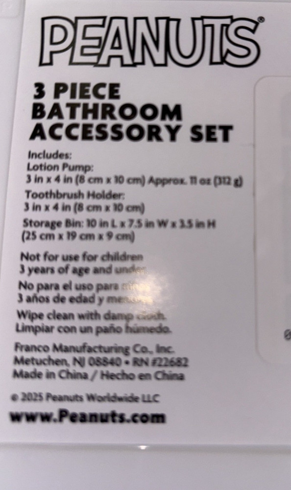 Snoopy Peanuts Bathroom Accessory Set Toothbrush Holder Soap Pump Storage Bin