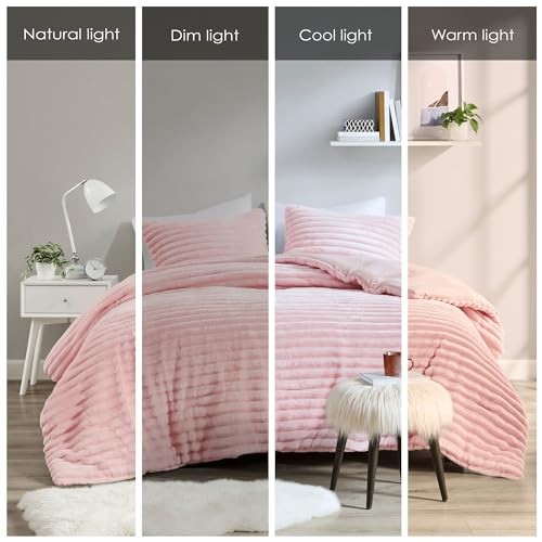 Queen Comforter Set, Cozy Plush Bedding, Microfiber Reverse, 3 Full/Queen Pink