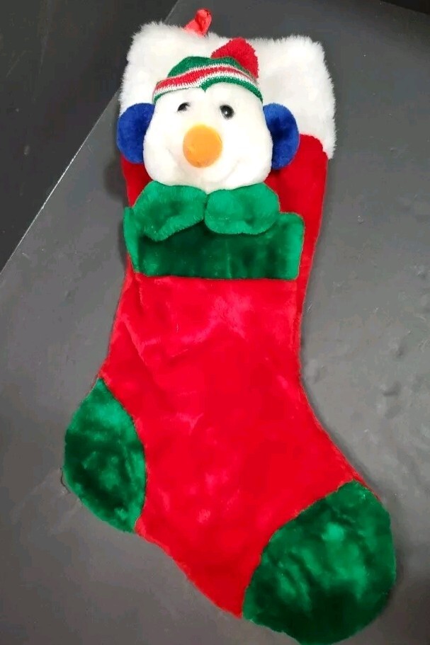 INTL ART ENTERPRISES PLUSH FAUX FUR SNOWMAN CHRISTMAS STOCKING RED WHITE 19.5"
