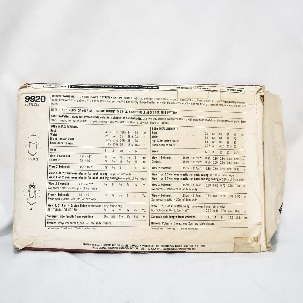 Misses' Swimsuits Time Saver Pattern 9920 Size 6 Simplicity Precut Complete 1981