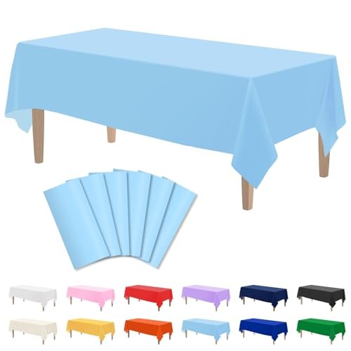 6PCS Plastic Tablecloths 54 x 108 Inch, Rectangle (6 Pack) Light Blue