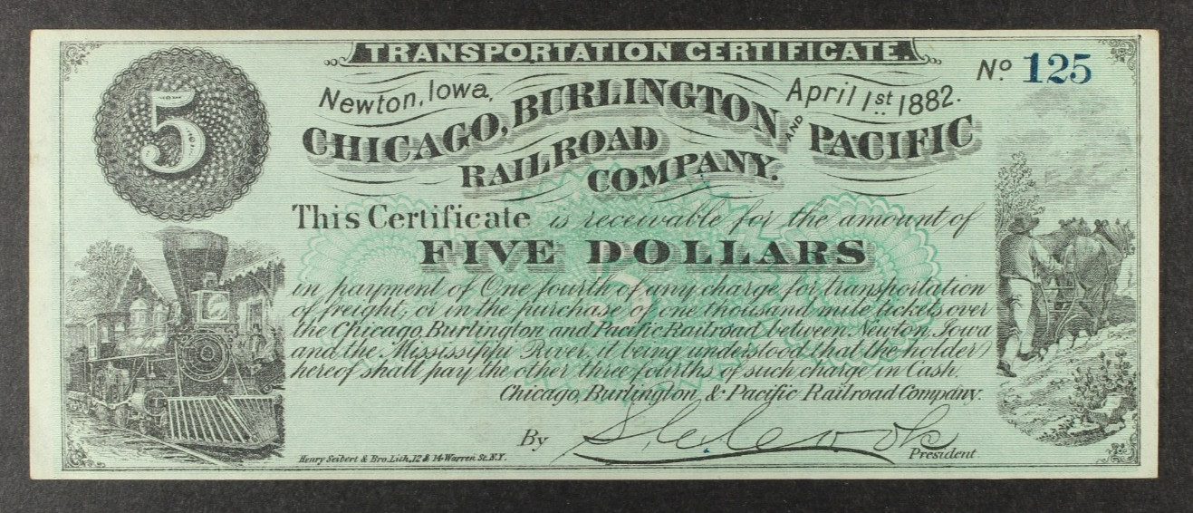 $5 Chicago Burlington & Pacific Rail Road Co. Iowa Newton 1882