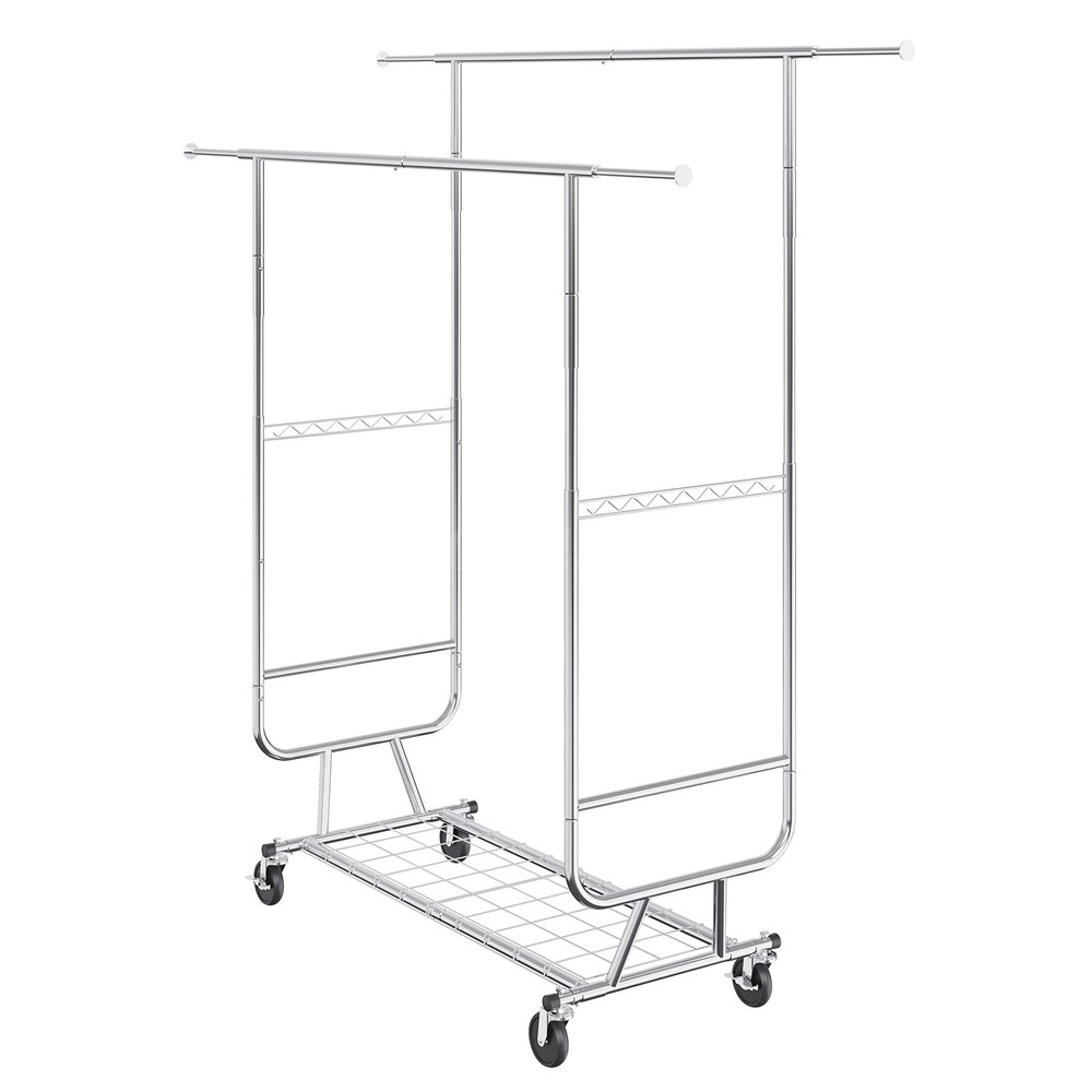 Mobile Coat Rack, Retractable Adjustable, Heavy Duty Chrome with Bottom Shelf