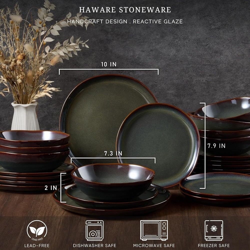 Plates and Bowls Set, Stoneware Dinnerware Sets, 12-Piece Hand-painted Dishware