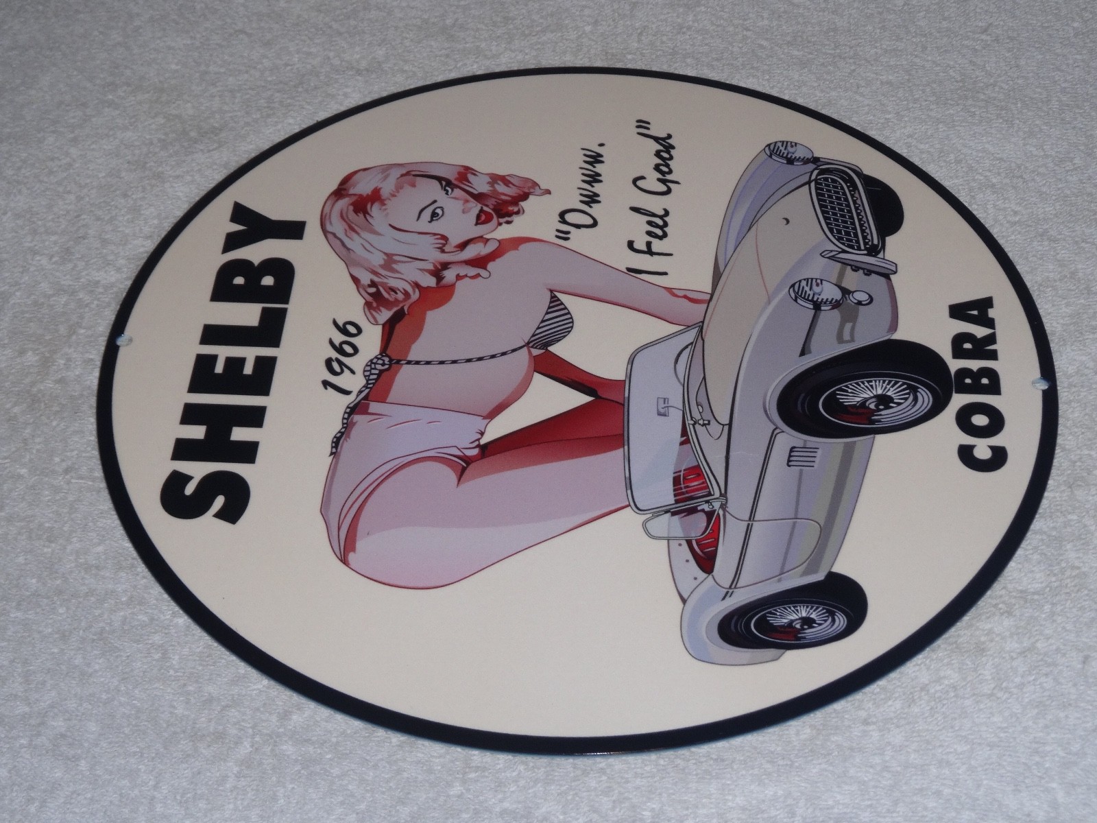 VINTAGE 1966 FORD SHELBY COBRA SPORTS CAR & WOMAN 12" METAL GASOLINE & OIL SIGN!