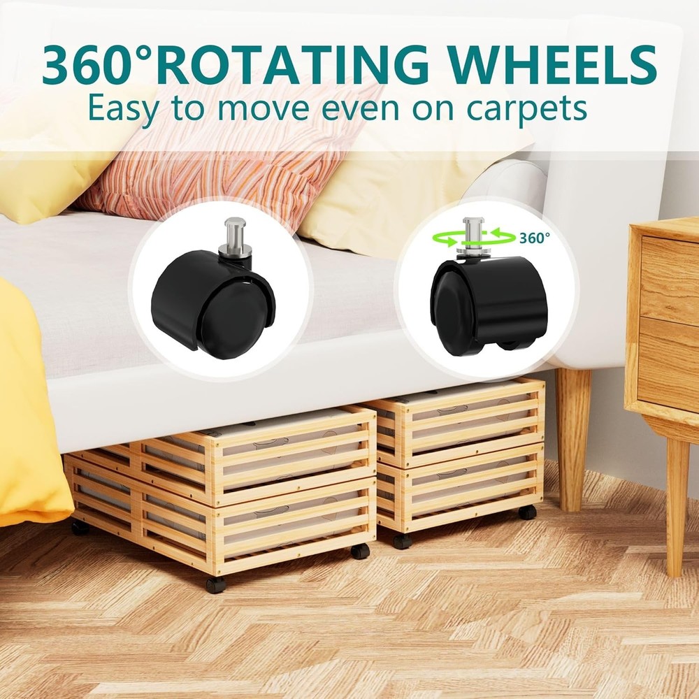Bamboo Under Bed Storage Containers- Underbed Organizer W/ Wheels W/ Large