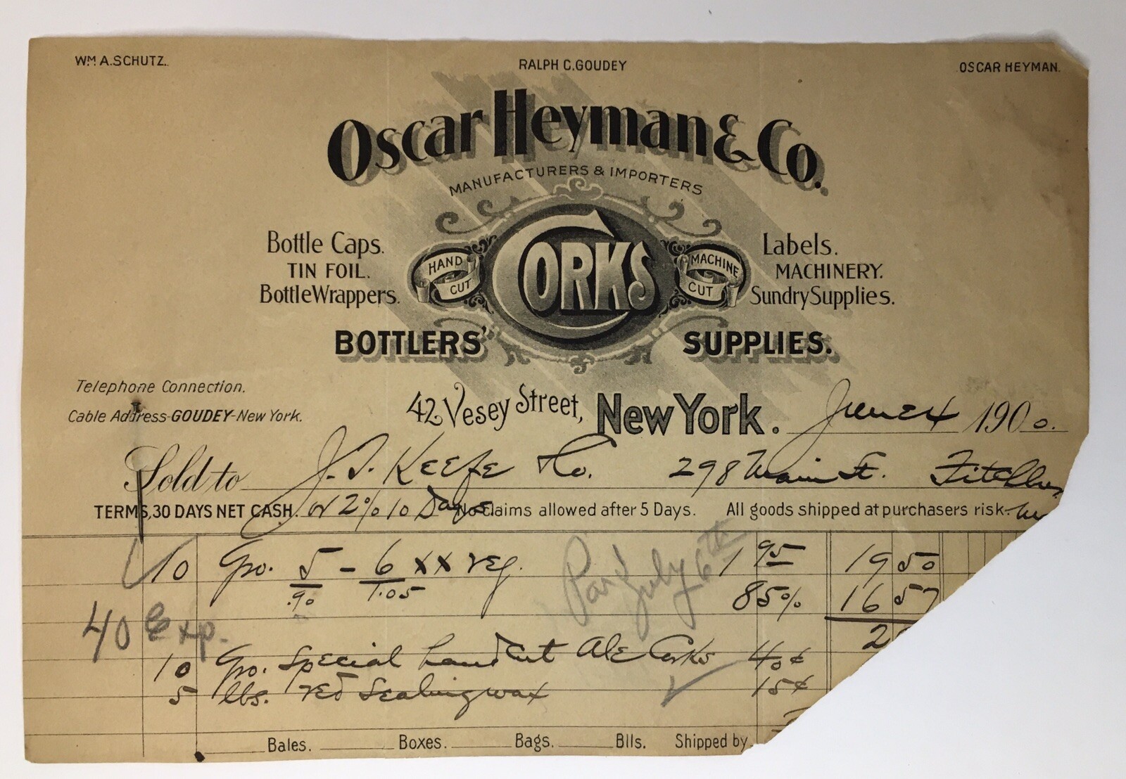 Oscar Heyman & Co. Bottlers Corks Labels Sundry Supplies 1900 Billhead New York