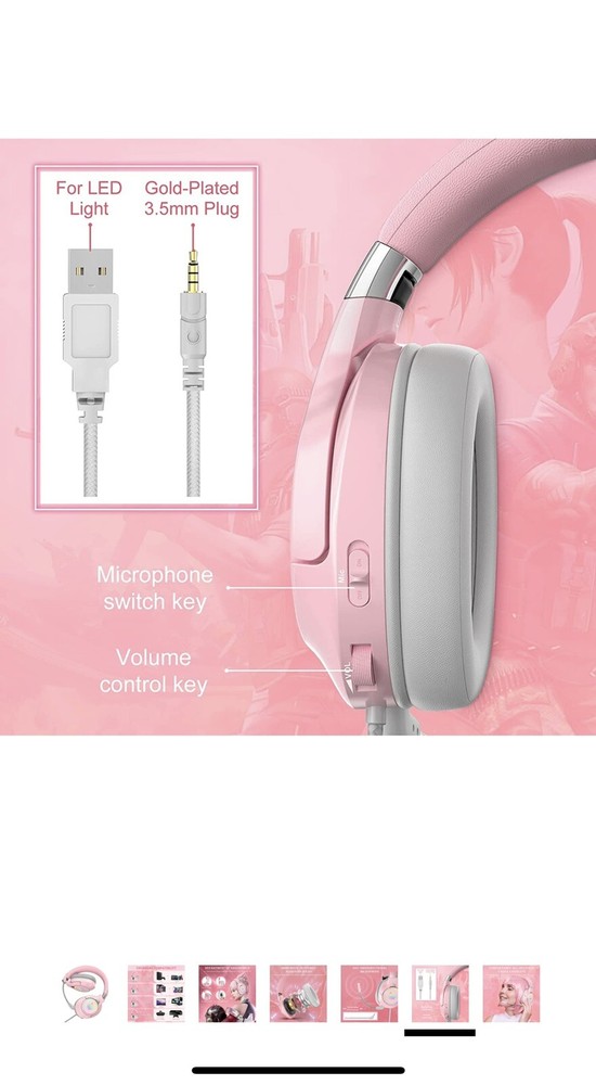 Foldable Pink Gaming Headset Compatible