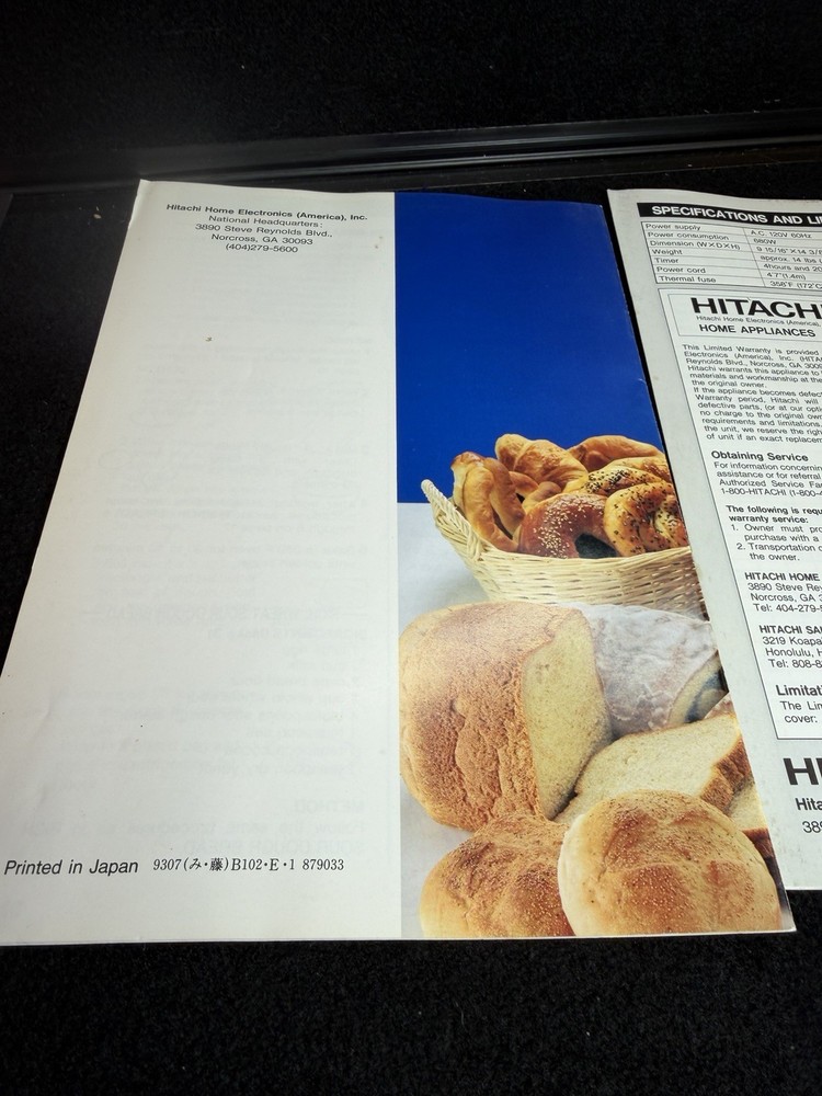 Hitachi Automatic Home Bakery II Bread Machine HB-B102 User Manual & Cookbook