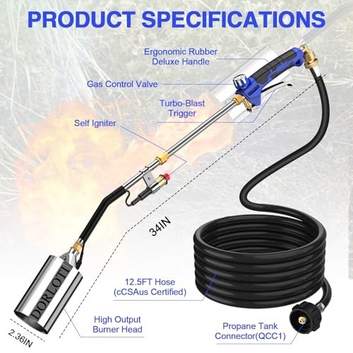 High Output Propane Torch Weed Burner Kit - Self Igniter, Turbo Trigger, 12.5FT