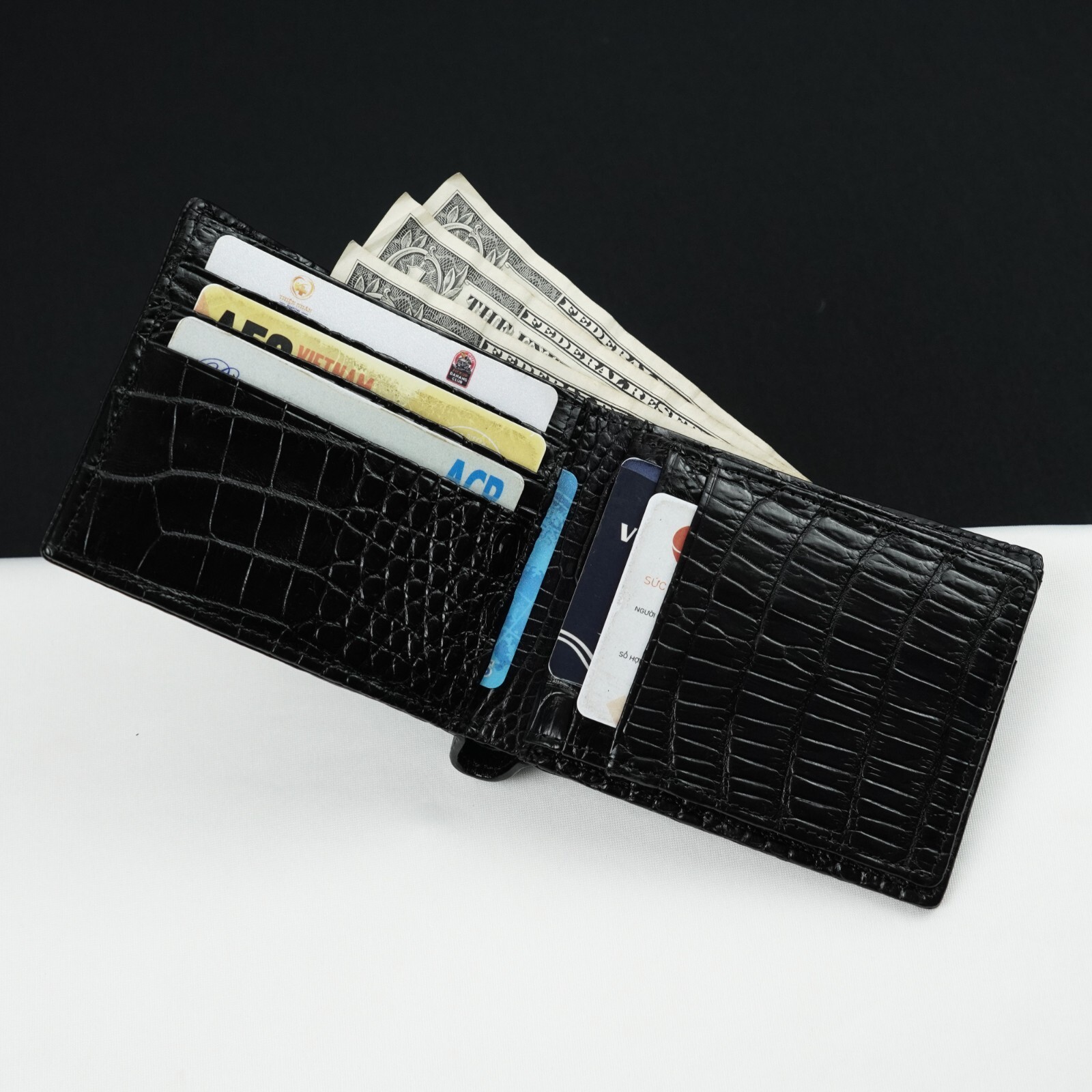 Double Sided Crocodile Black Bifold Leather Wallet Men's Skin Billfold Wallet
