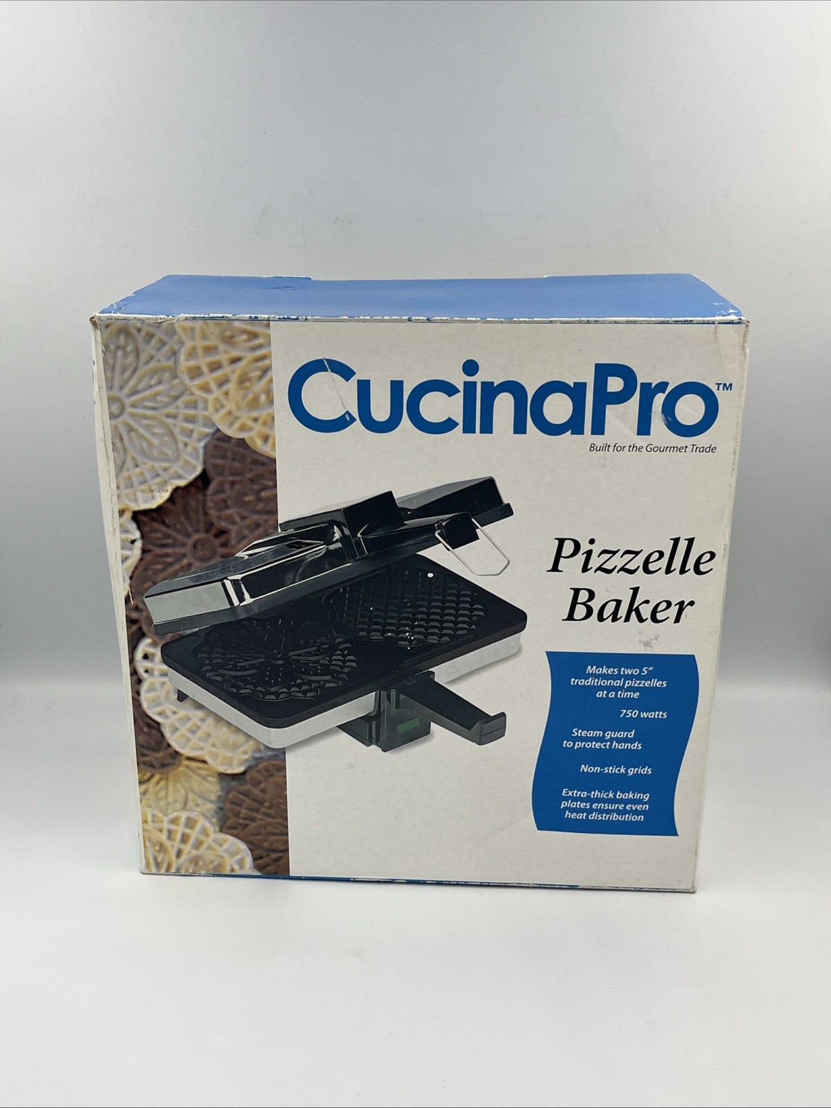 CucinaPro Pizzelle Baker 750 Watts Non-Stick Grids Two 5" 220-05NS Open Box