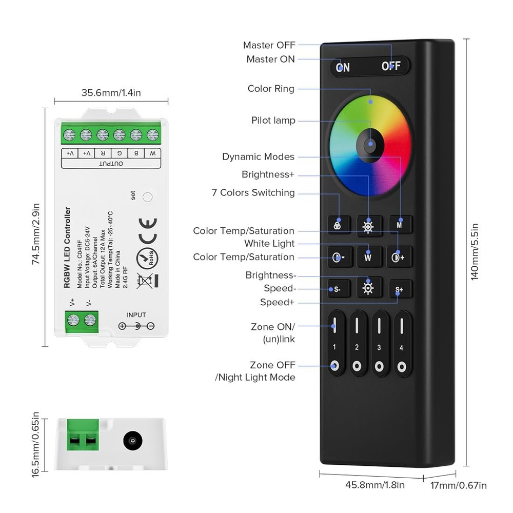 Wireless RF Remote Control 2.4GHz 4PC RGBW LED Strip Controller Kit BTF