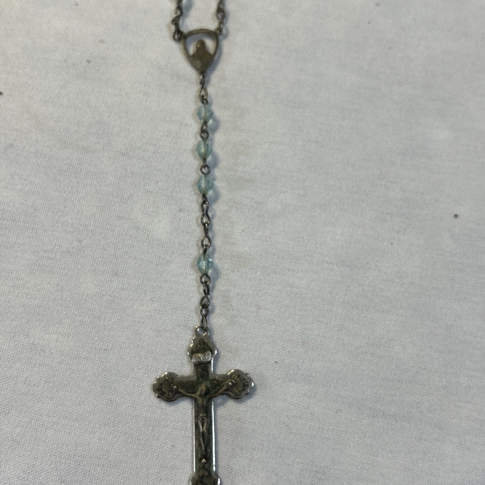 Rosary With Blue Beads Silver Tone   14"  long