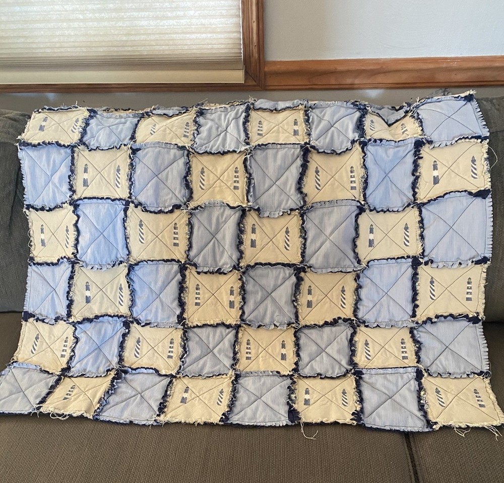 Quilt, Lighthouses Navy Light Blue Throw Size Lovely