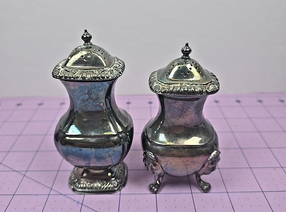 Vtg William Adam English Silver Mounts Silver-Plated Salt & Pepper Shaker Set